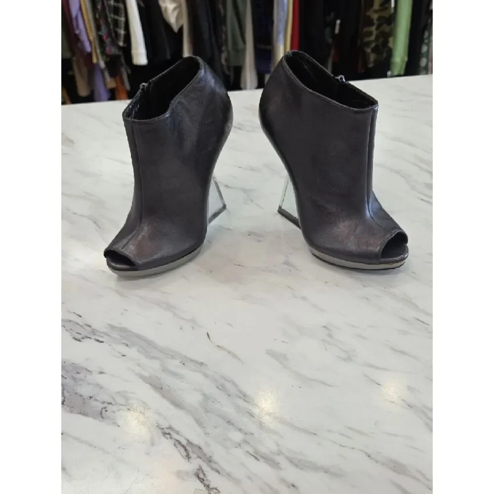 Salvatore Ferragamo Black Leather Peep-Toe Wedge Booties